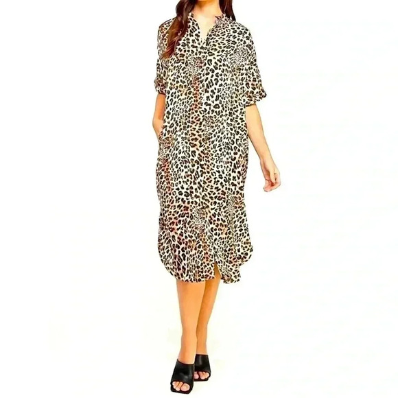 Ellison Maxi Dress Size L Animal Cheetah Print Slinky Mob Wife Comfy Button Down - Picture 1 of 9